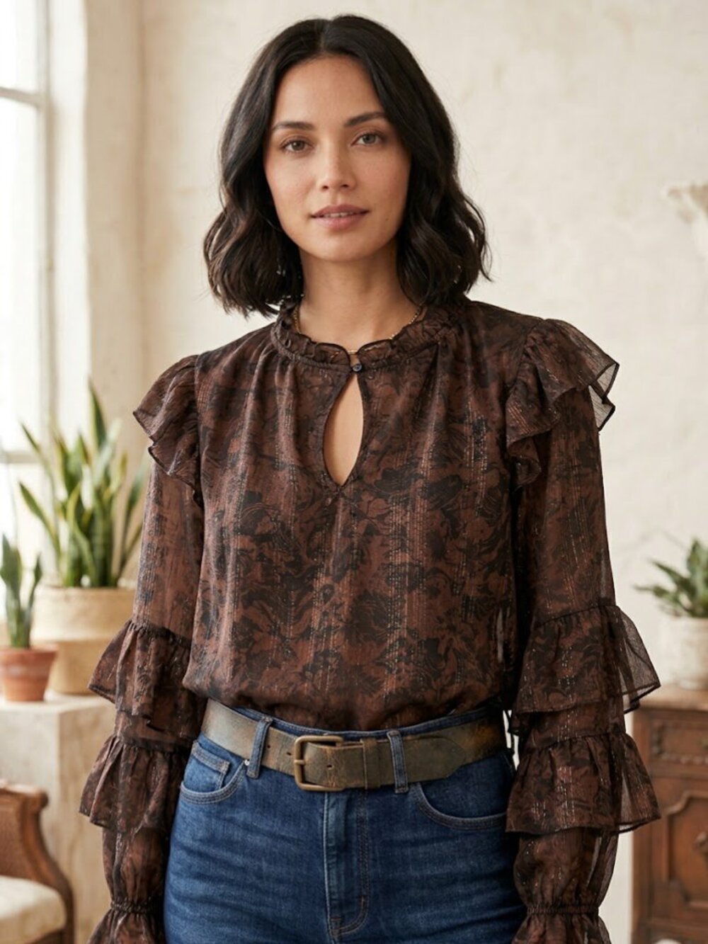 FRYE Chicory Coffee Combo Floral Ruffle Sleeve Blouse Brown Black XL NWT Romanti